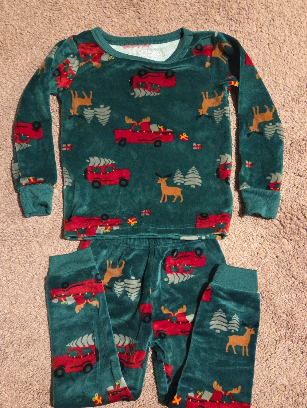 Kids Velvet Christmas Pajama Set - Green with Red Truck & Reindeer